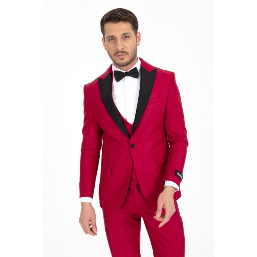 Derman Red Satin Collar 3 Piece Tuxedo